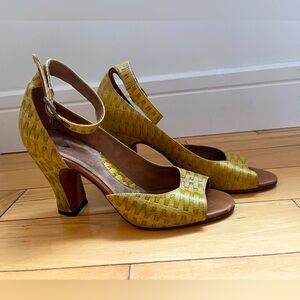 Fluevog Yellow Peep-Toe Heels, size 8